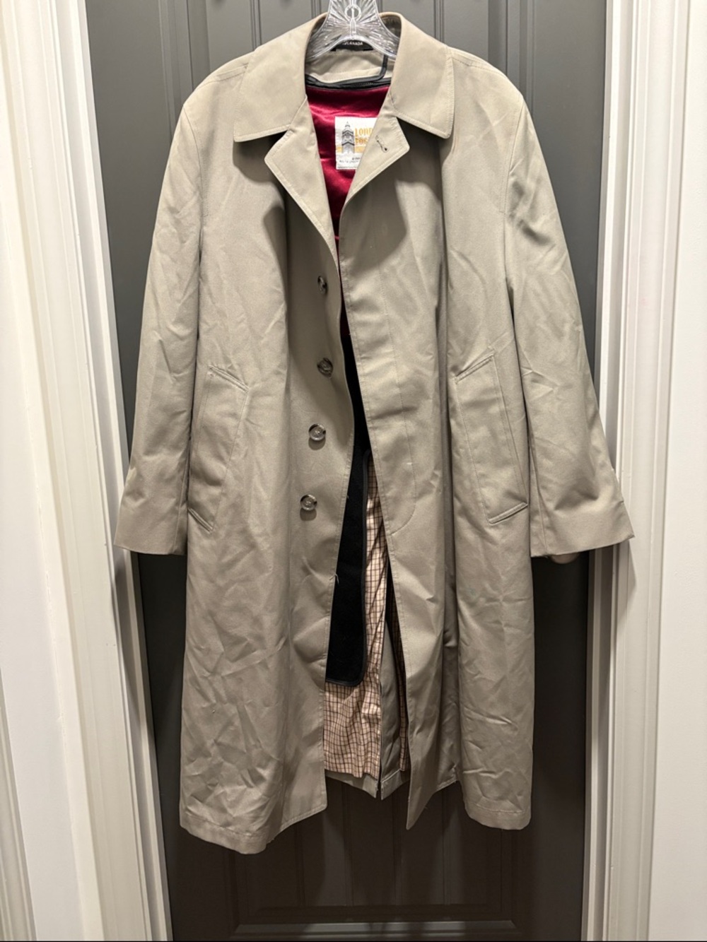 Classic Beige London Fog Trench Coat with Red Lining